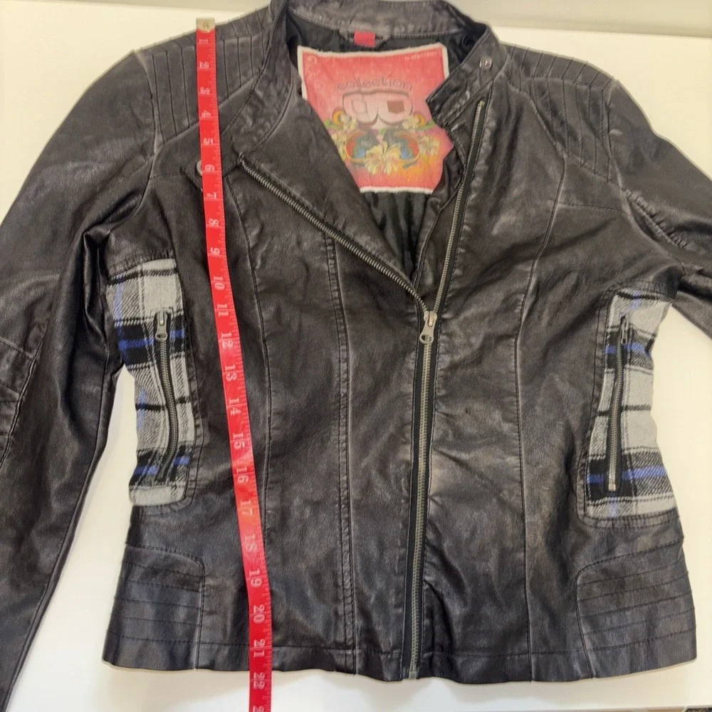 Womens Vegan Leather Jacket Sz L Plaid Vtg Classic Coat Y2K Art To Wear Winter